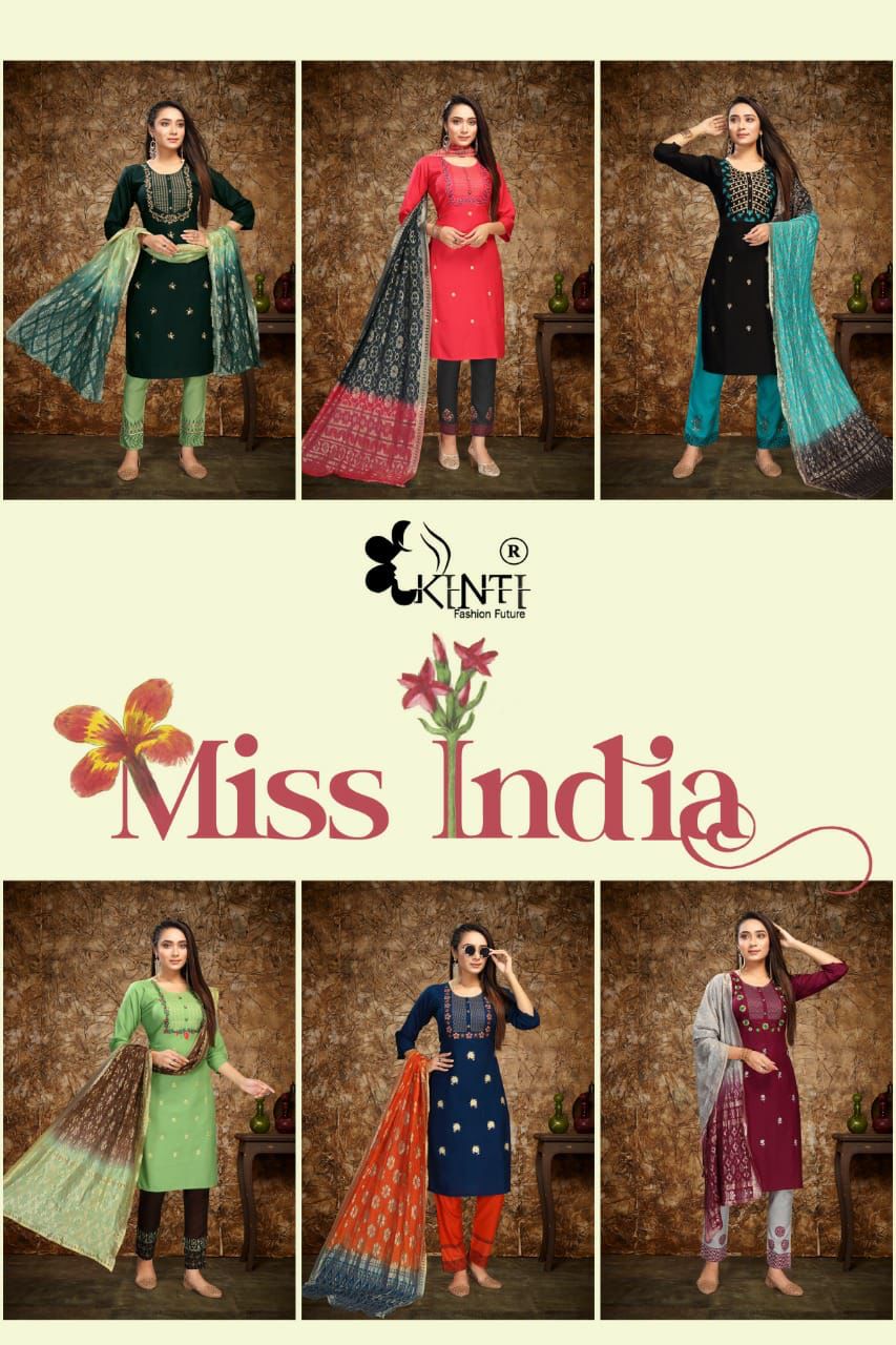 Kinti Miss India Festive Wear Rayon Top Pent And Dupatta Ready Made Collection
